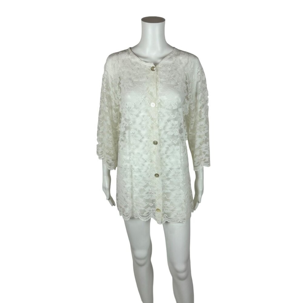 Vintage 80s Lace Top Women's Small Medium Sheer White Bell Sleeve Swim Cover Up